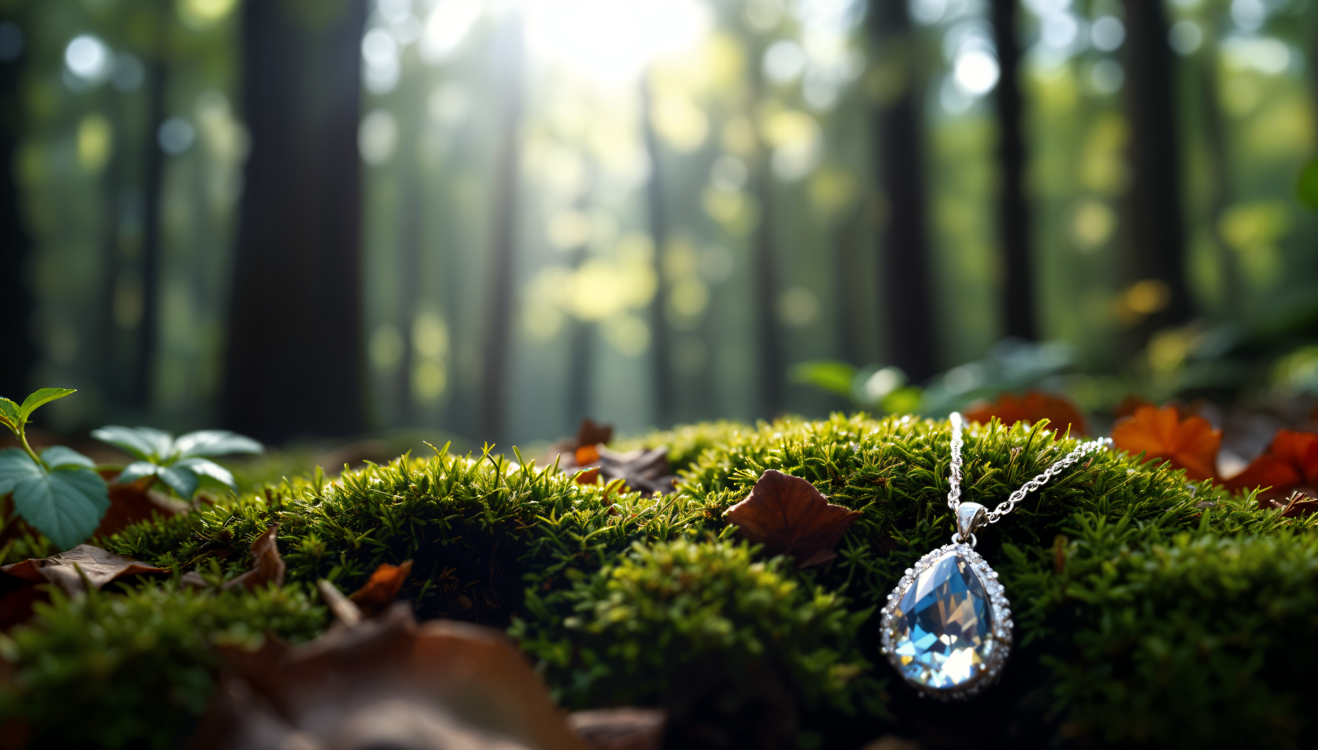 A sparkling teardrop necklace pendant resting on vibrant green moss in a forest setting, captured in 4K Ultra HD for a stunning PC desktop wallpaper.