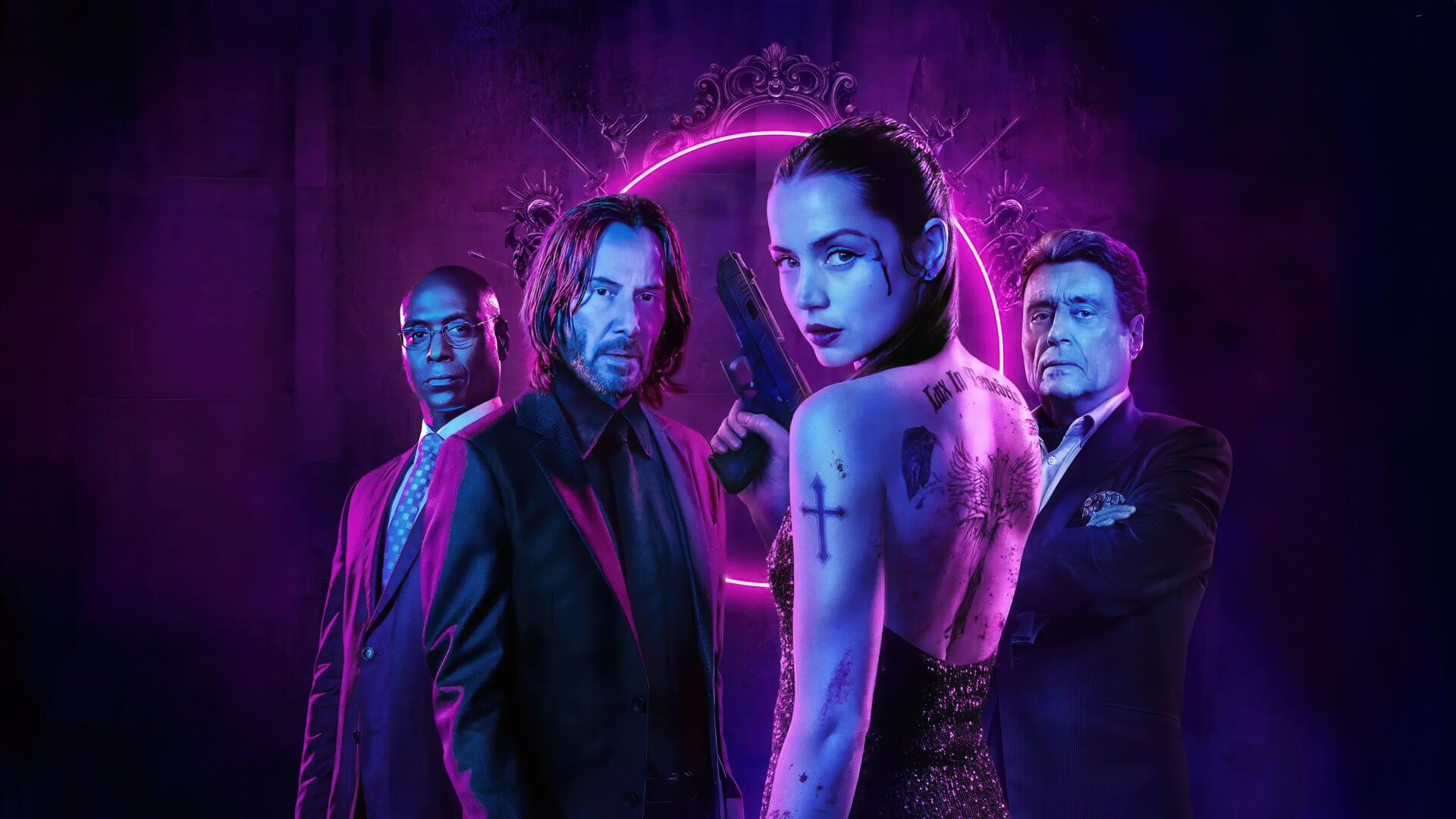 Ballerina (2025) 4K Ultra HD wallpaper featuring four intense characters illuminated by neon purple and pink lighting, set against a dark, dramatic background.