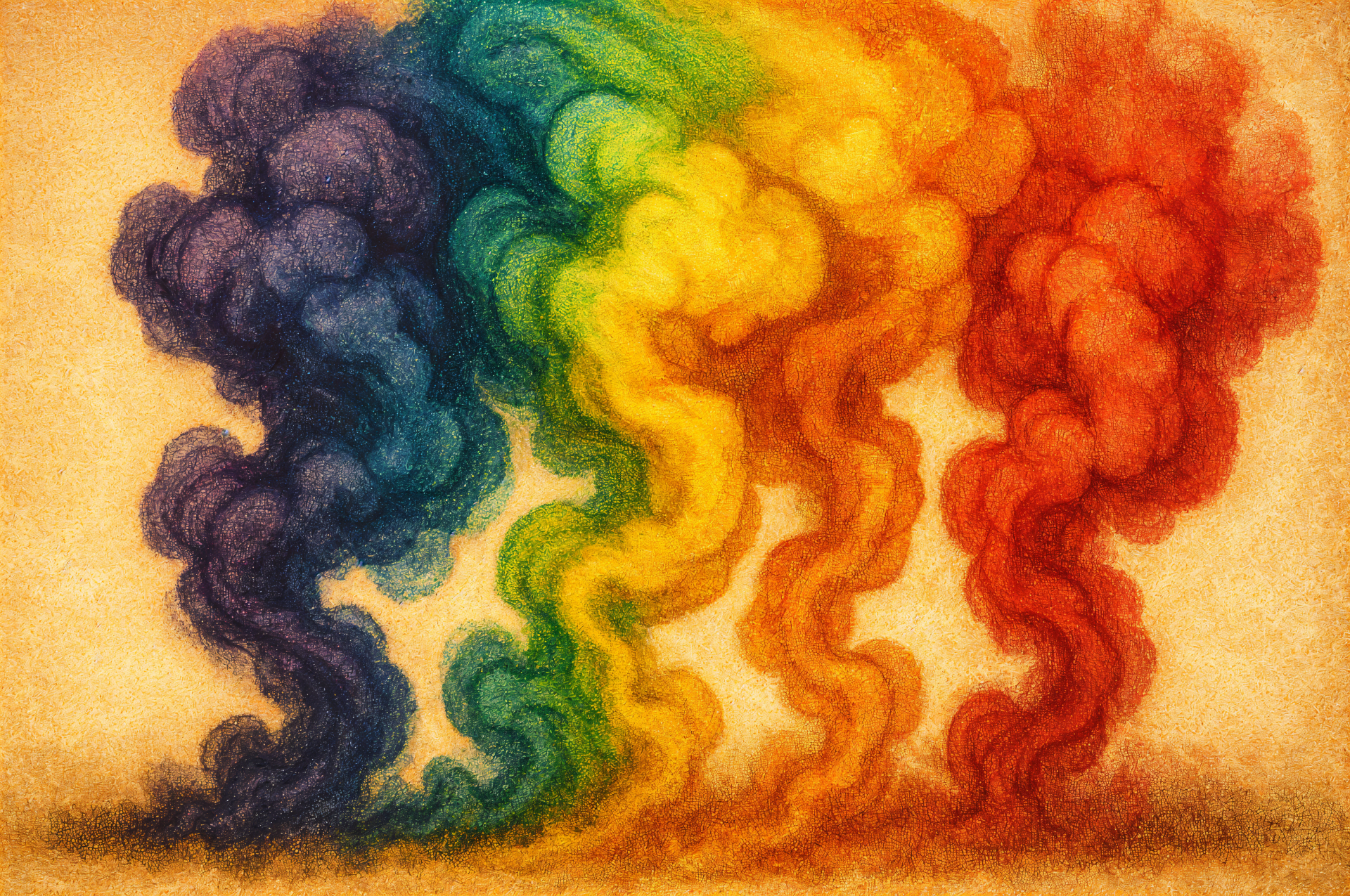 A vibrant 4K Ultra HD desktop wallpaper featuring swirling colorful smoke in shades of blue, green, yellow, orange, and red blending seamlessly on a warm background.