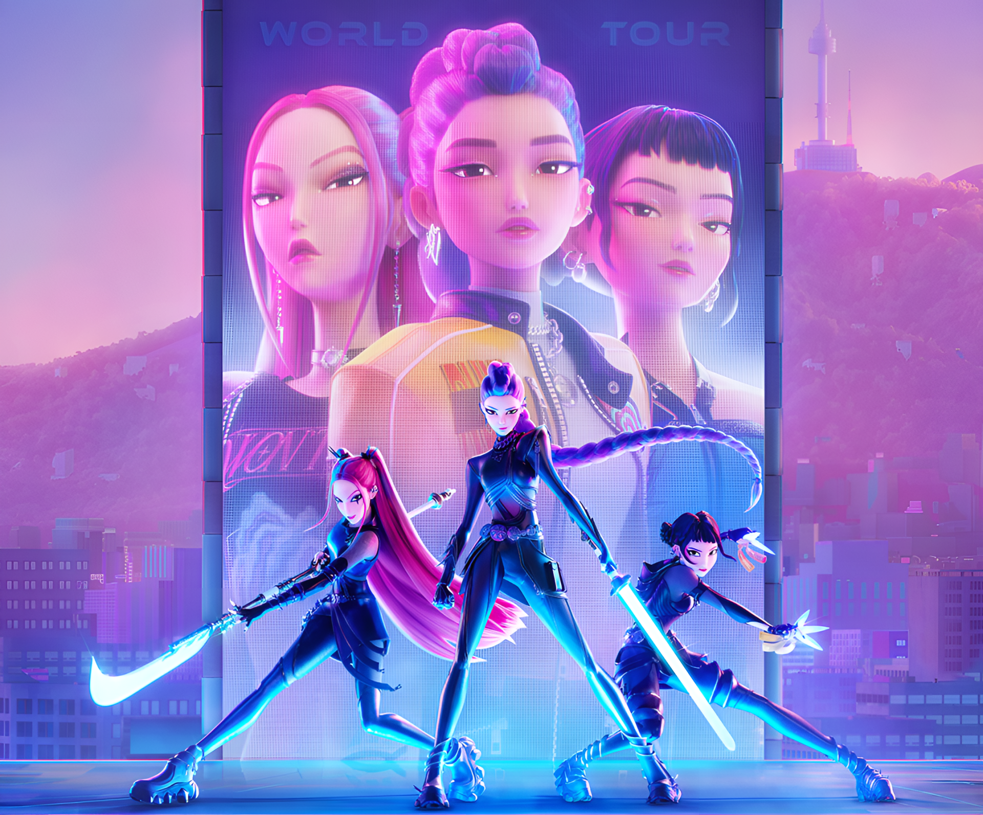 HD PC desktop wallpaper featuring characters from the movie and KPop-themed series Demon Hunters in a vibrant, futuristic cityscape background.