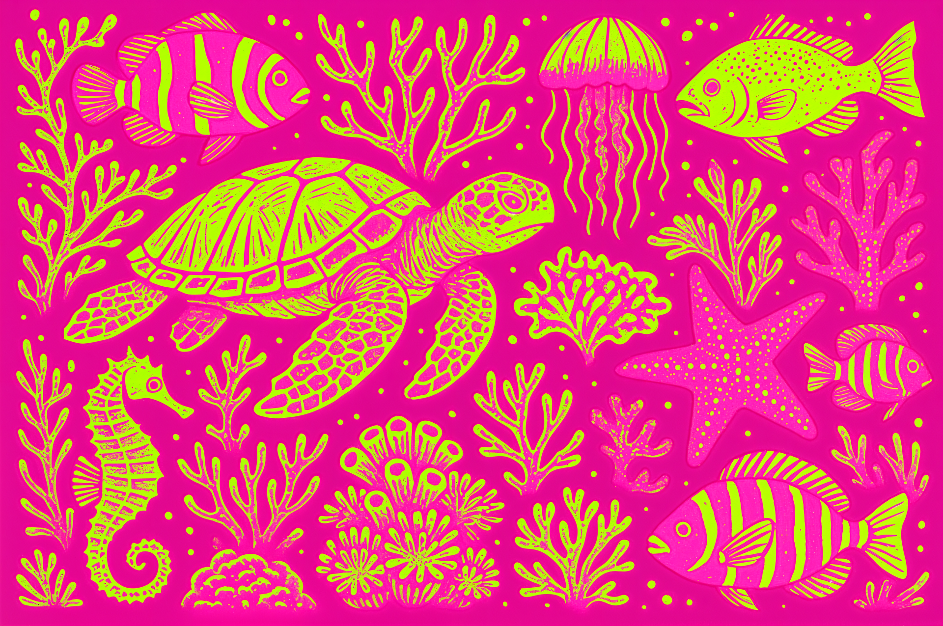 Vibrant 4K Ultra HD sea life illustration features a turtle, jellyfish, starfish, seahorse, and colorful fish against a bright pink background for PC desktop wallpaper.