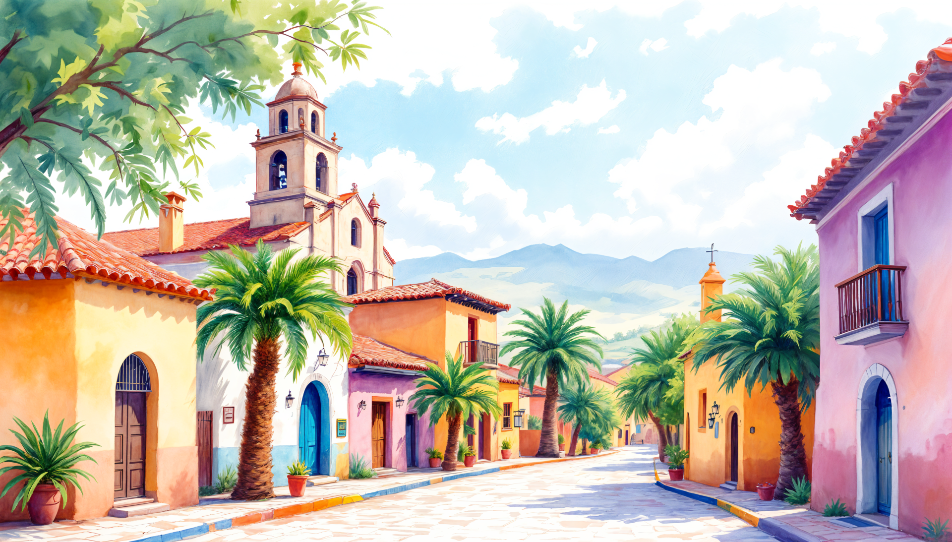 4K Ultra HD desktop wallpaper showcasing a colorful Mexican street with traditional architecture, palm trees, and a church tower under a bright blue sky.
