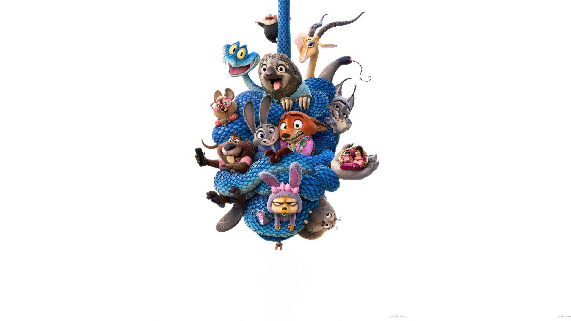 Zootopia 2 characters grouped together in a vibrant 4K Ultra HD PC desktop wallpaper featuring the animated animal cast against a white background.