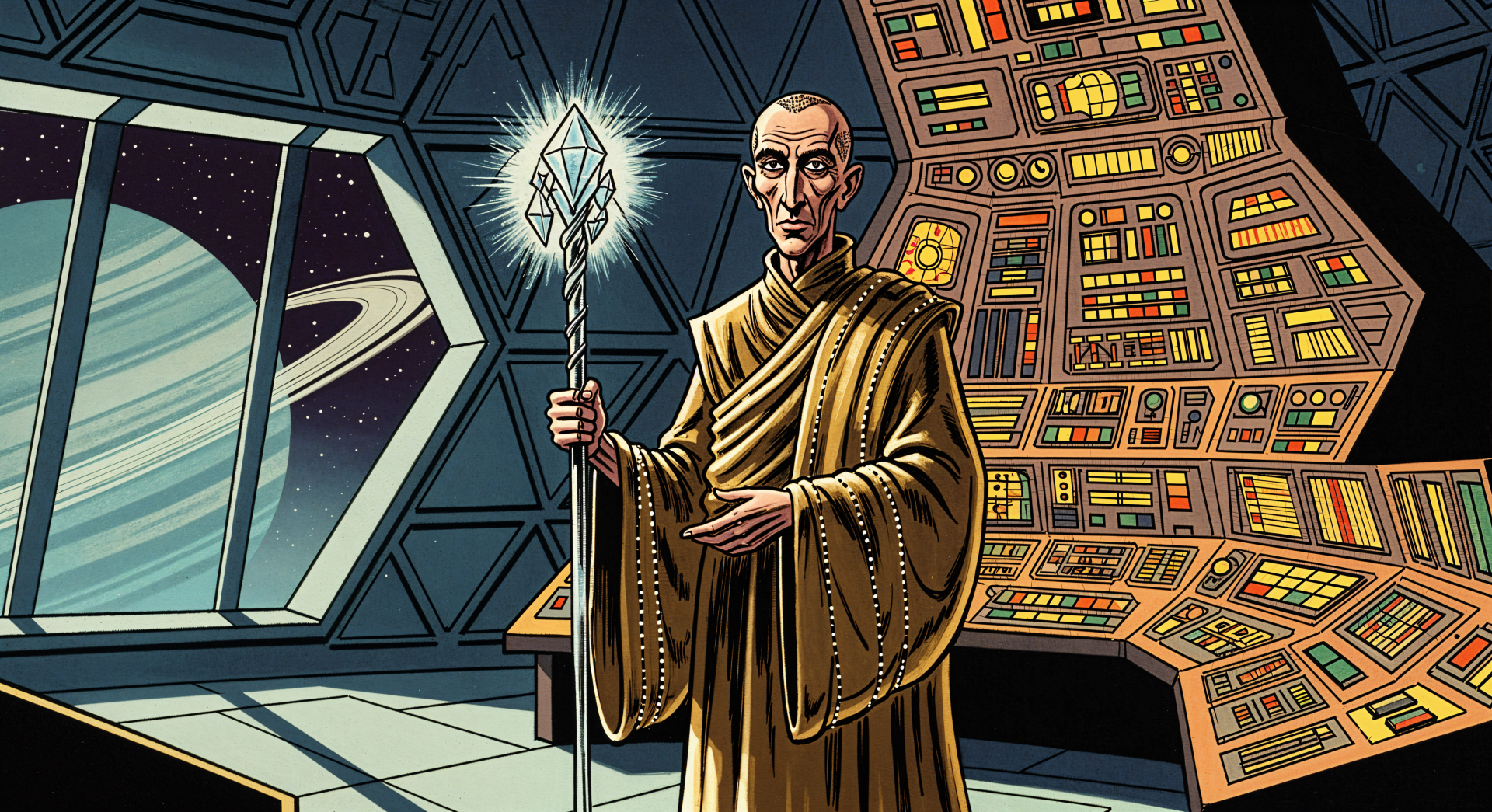 4K Ultra HD desktop wallpaper of a monk holding a glowing staff inside a futuristic spaceship control room with a view of outer space and a ringed planet.