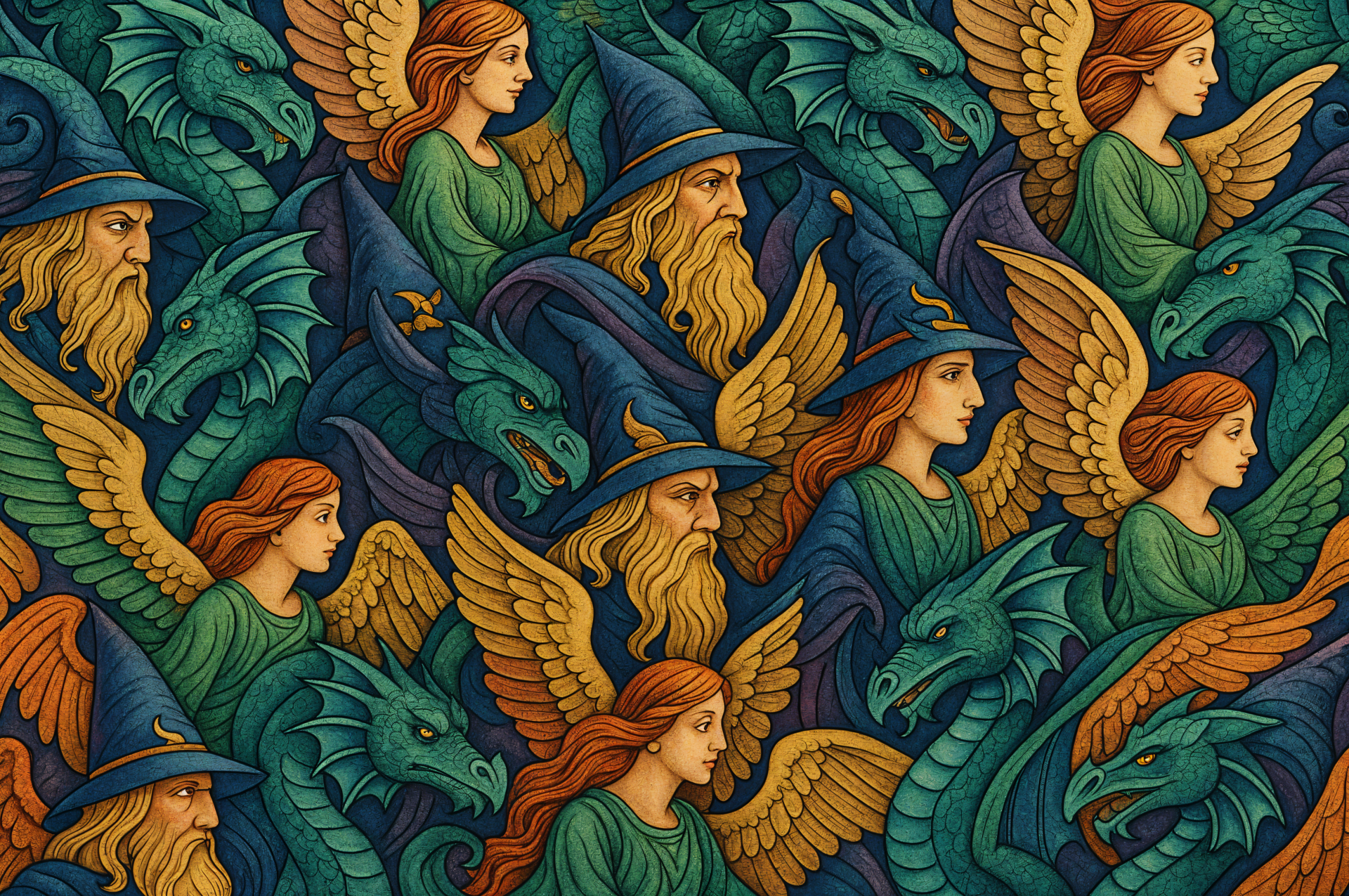 A detailed fantasy 4K Ultra HD PC desktop wallpaper featuring wizard and angelic figures intertwined with dragons against a richly textured leafy backdrop.