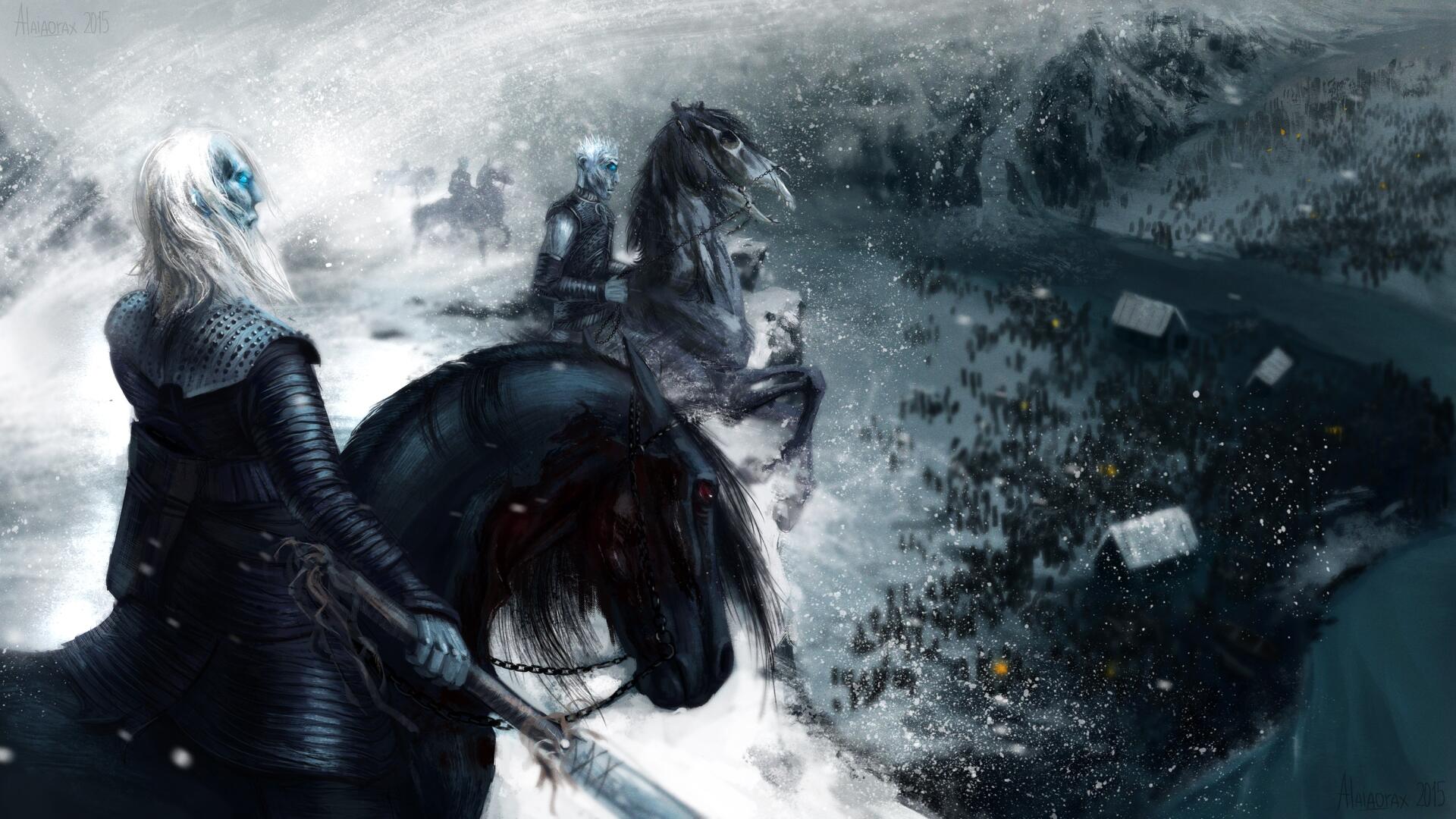 HD Game of Thrones PC desktop wallpaper depicting a white walker on horseback leading an army across a snowy battlefield.