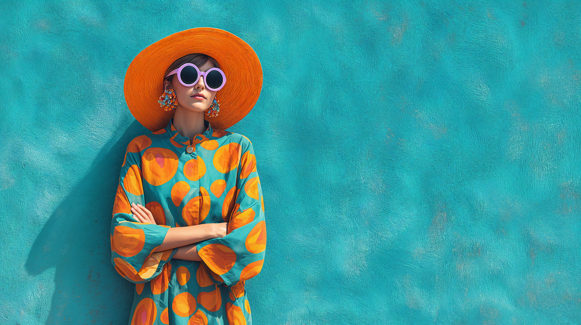 Woman in vibrant summer fashion with an orange hat and patterned dress poses against a teal background in this 4K Ultra HD desktop wallpaper.