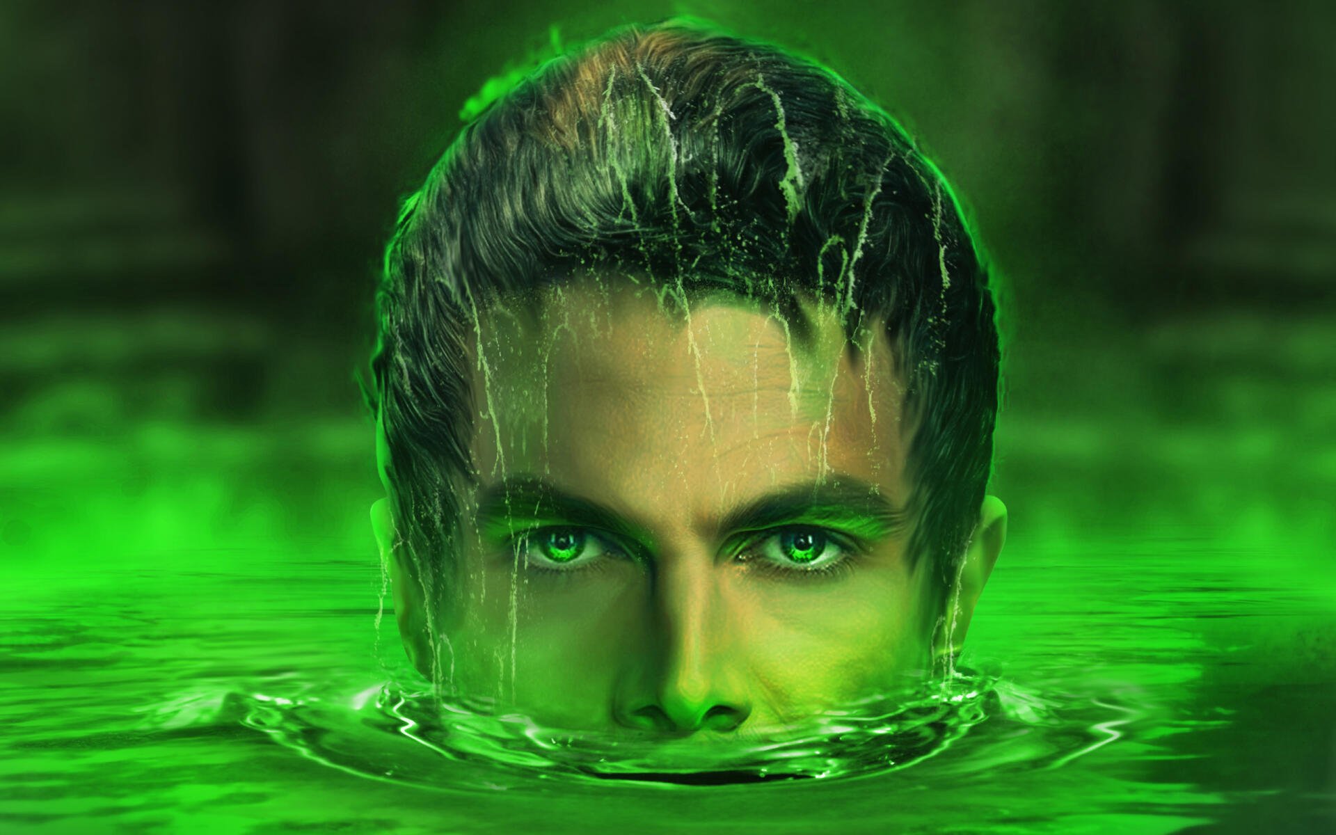 HD PC desktop wallpaper of a close-up of Arrow from the TV show, with intense green eyes emerging from glowing green water.