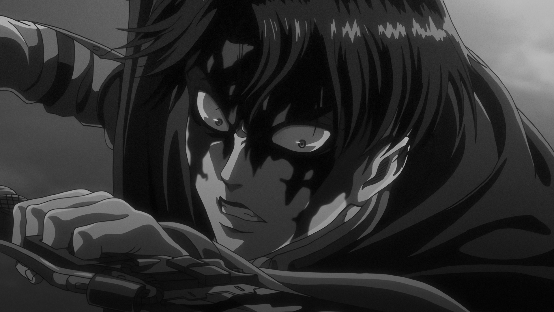 4K Ultra HD dark anime wallpaper featuring Levi Ackerman in intense moment from Attack on Titan, rendered in detailed black and white style.