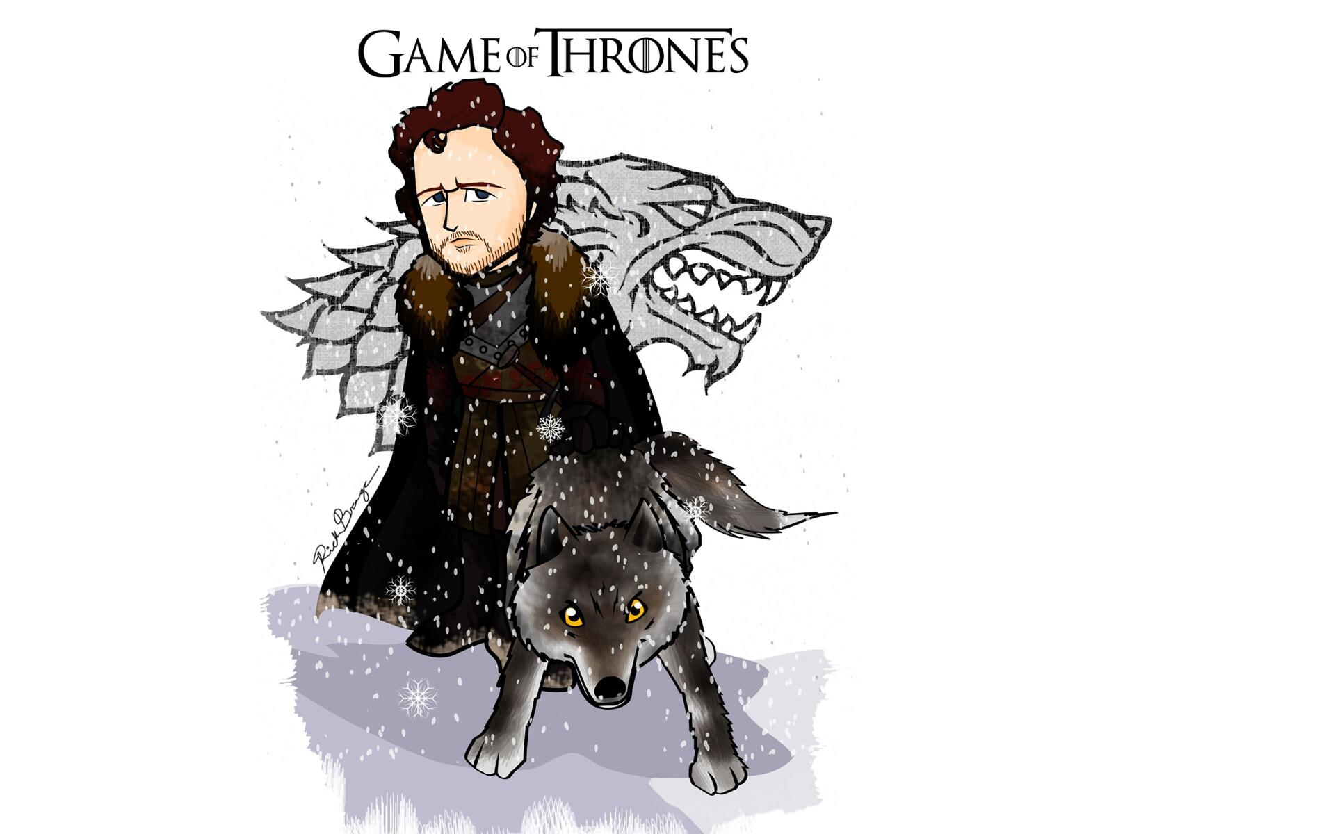 HD PC desktop wallpaper featuring a chibi-style Jon Snow from Game of Thrones with a direwolf and the show's logo above him.