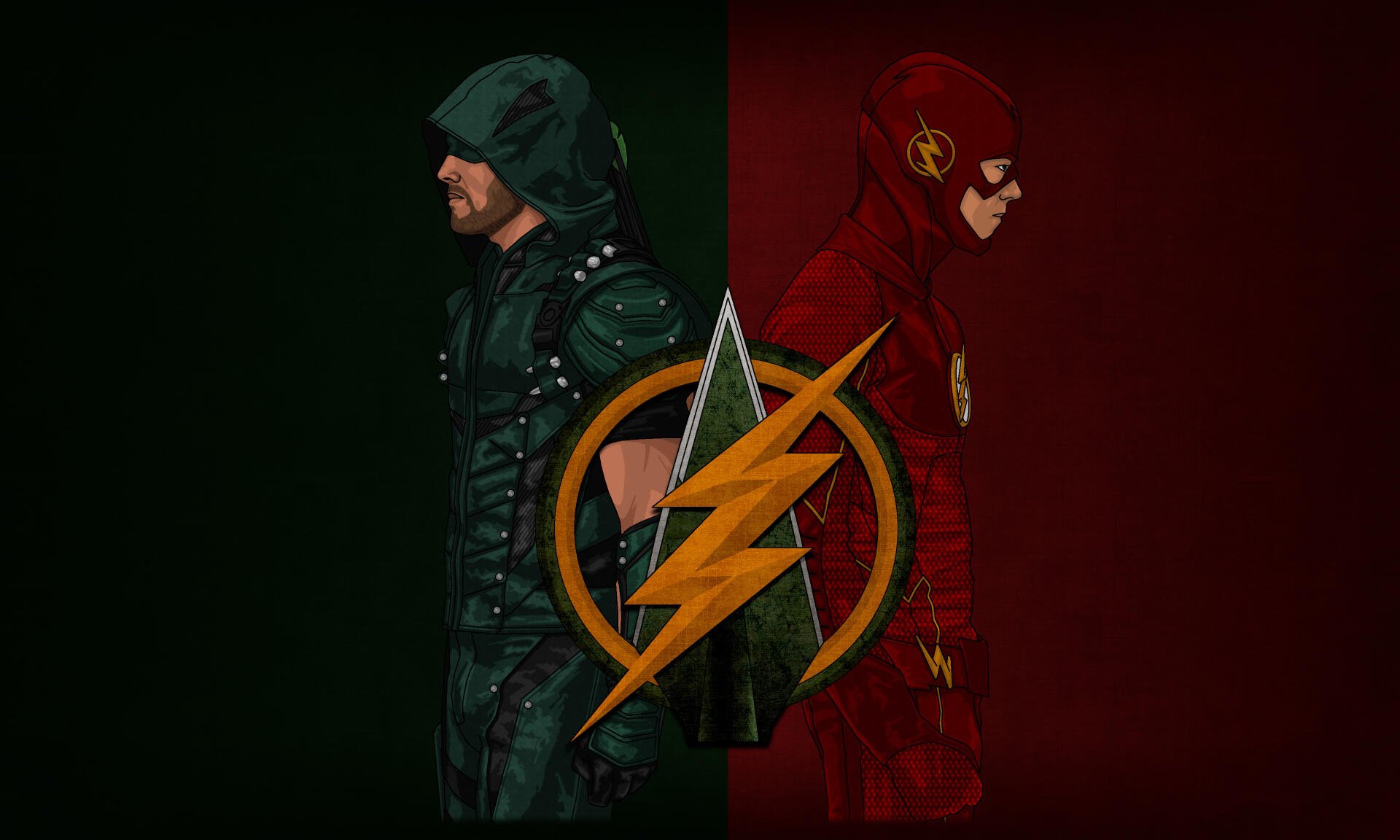4K Ultra HD desktop wallpaper featuring Arrow and The Flash standing back-to-back with their emblems merged in the center against a split green and red background.