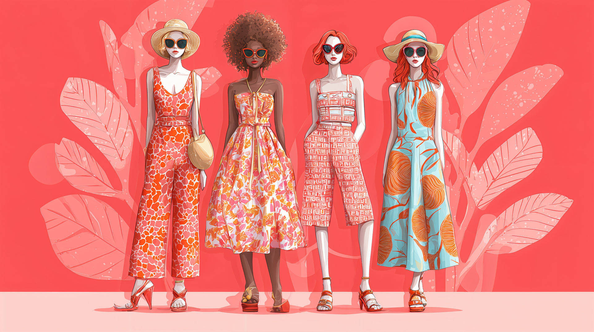 Four women in vibrant summer fashion stand against a pink leafy background, captured in a 4K Ultra HD PC desktop wallpaper and background.