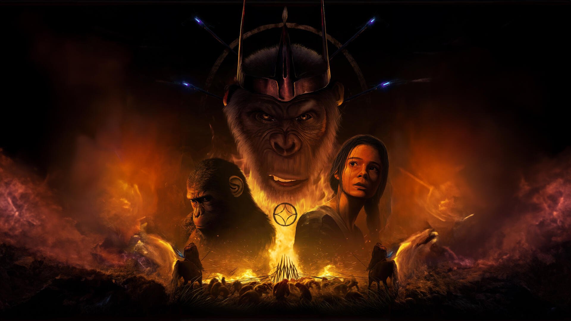 4K Ultra HD desktop wallpaper featuring intense characters and dramatic lighting from Kingdom of the Planet of the Apes, capturing a powerful and mysterious atmosphere.