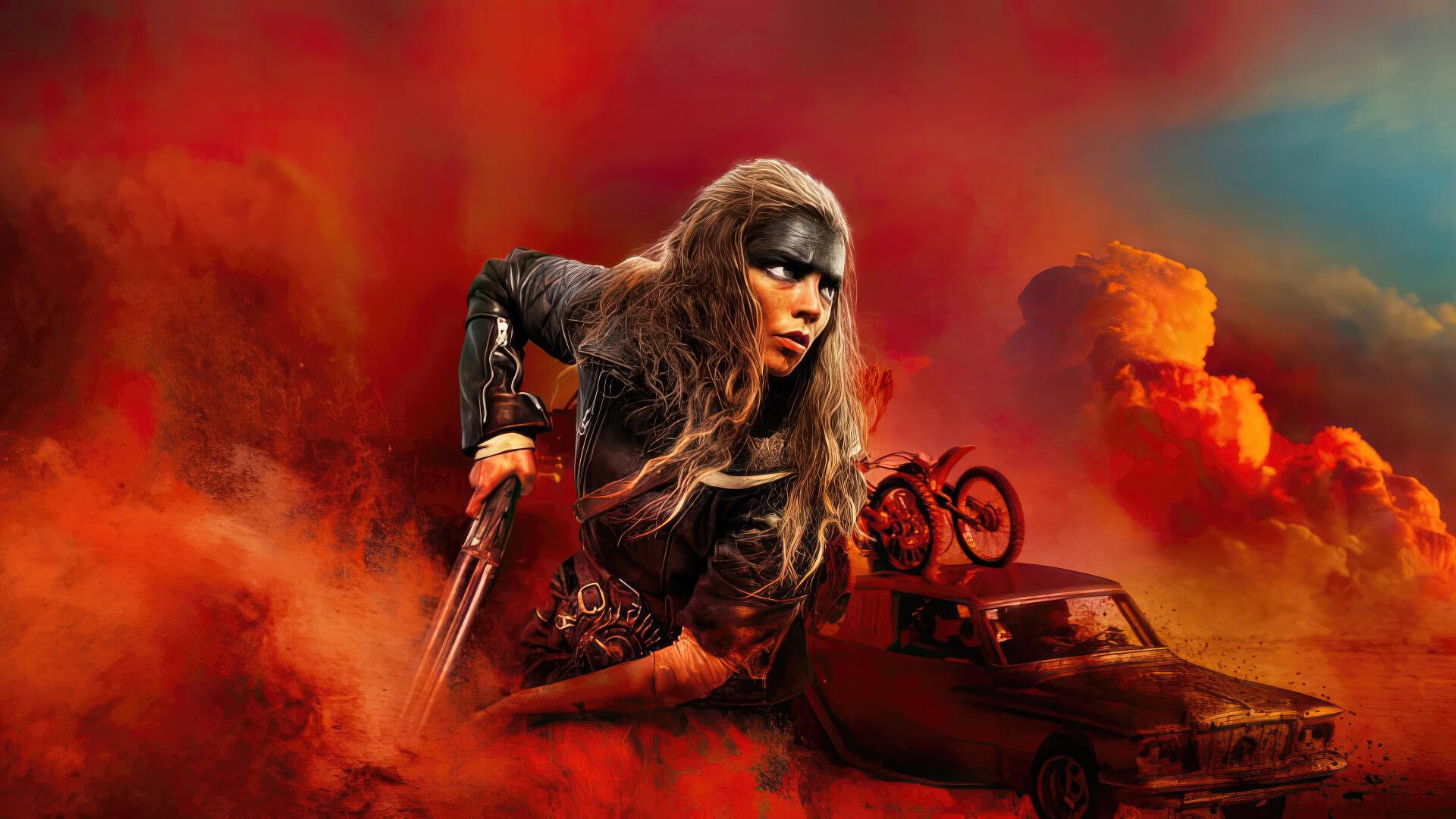 Furiosa from Mad Max Saga in dynamic action pose, set against a fiery, apocalyptic background. 4K Ultra HD PC desktop wallpaper capturing intense, vibrant details.