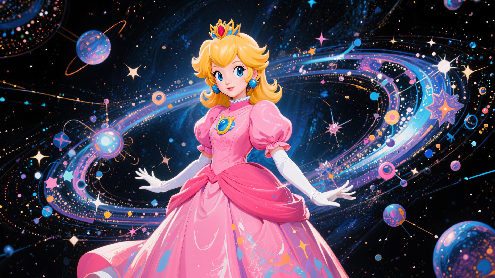 4K Ultra HD PC desktop wallpaper featuring Princess Peach in a pink gown, set against a vibrant cosmic background with swirling stars and planets.