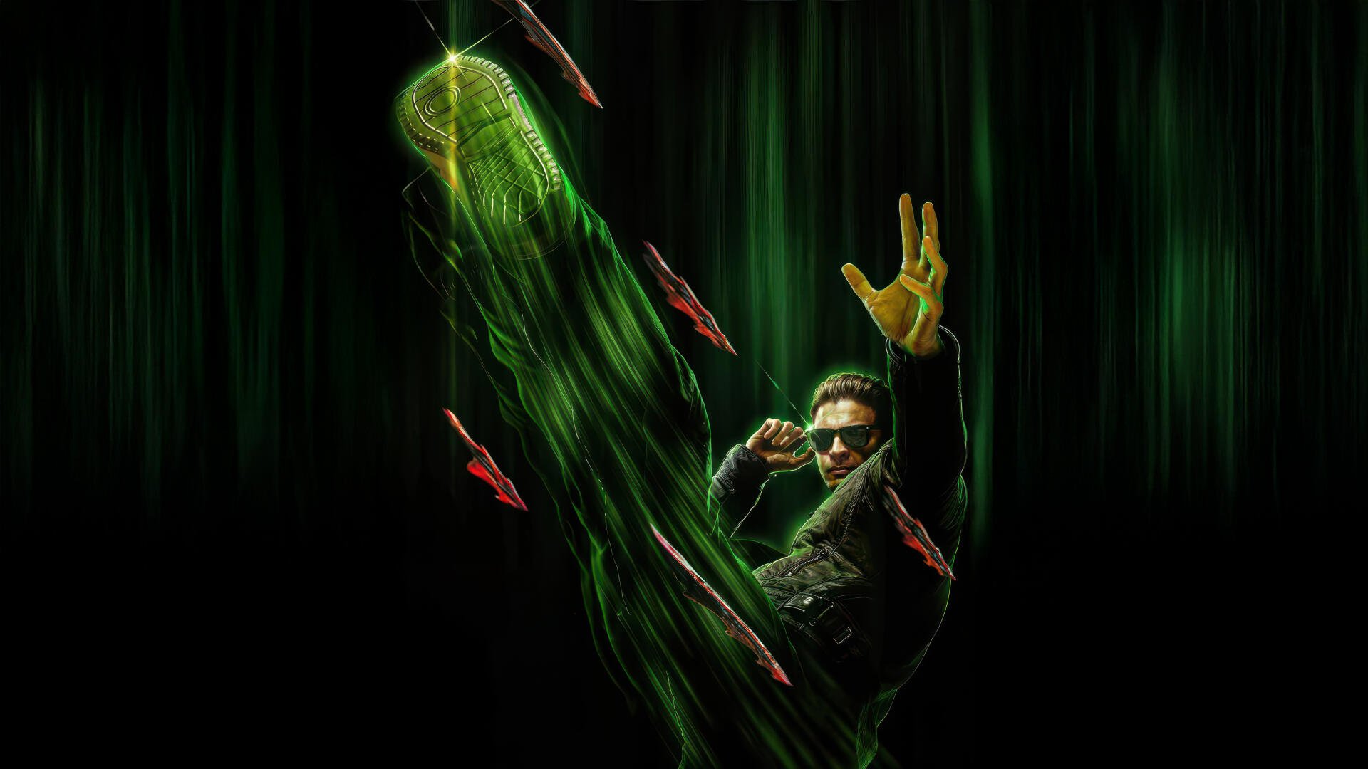 4K Ultra HD PC desktop wallpaper featuring a dynamic Mortal Kombat 2 (2025) character unleashing a green energy attack against a dark digital backdrop.