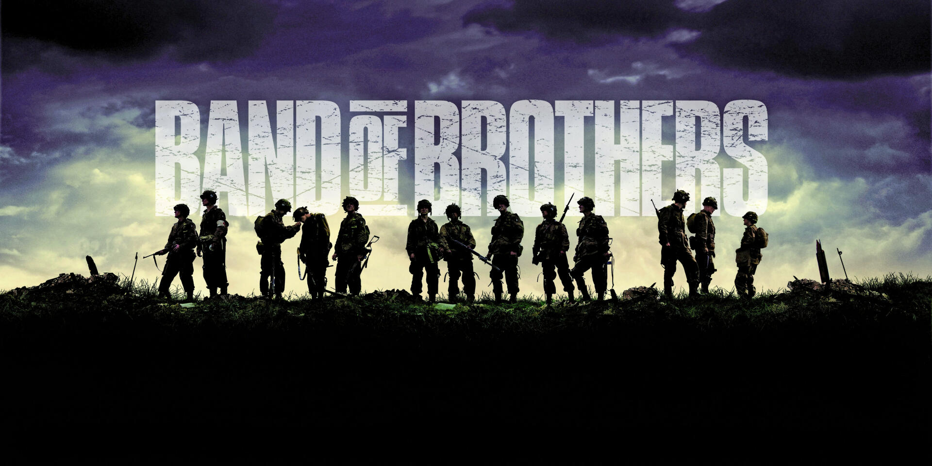 Silhouettes of soldiers stand against a dramatic sky with Band of Brothers in bold letters, a 4K Ultra HD PC desktop wallpaper and background.