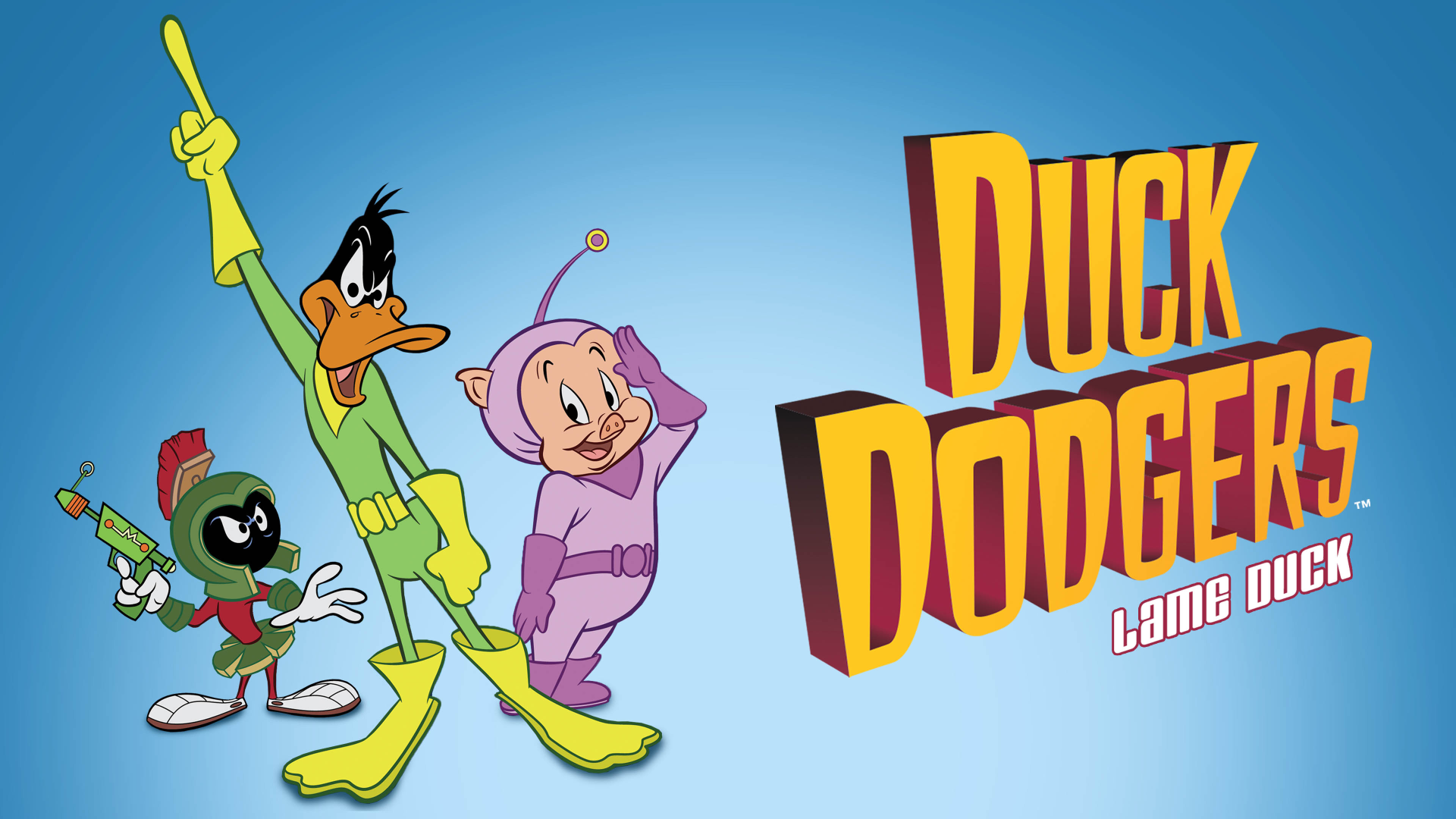 4K Ultra HD Duck Dodgers PC desktop wallpaper featuring Duck Dodgers, Porky Pig as Cadet, and Marvin the Martian in vibrant colors on a blue background.