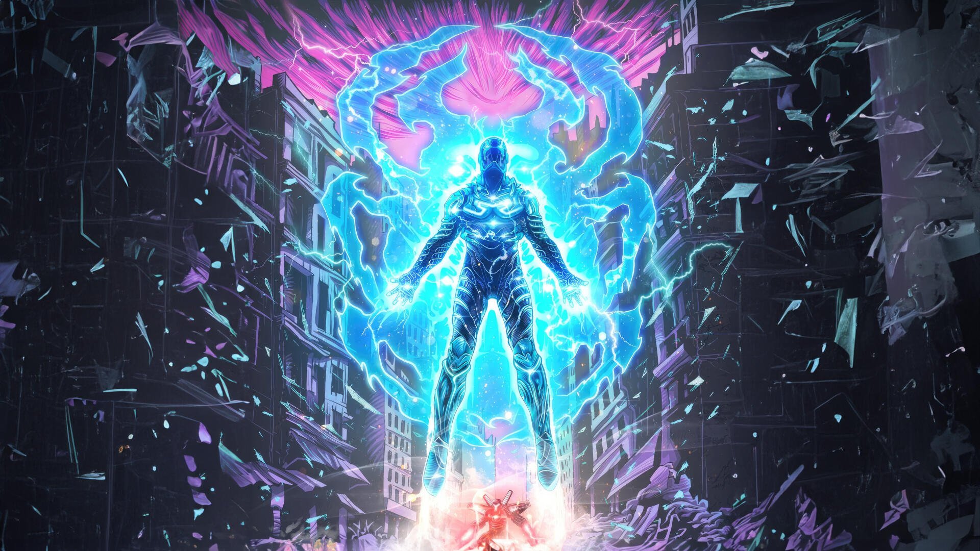 Blue Beetle in a radiant blue energy aura, silhouetted figure rising above a shattered city street with neon shards — 4K Ultra HD PC desktop wallpaper and background