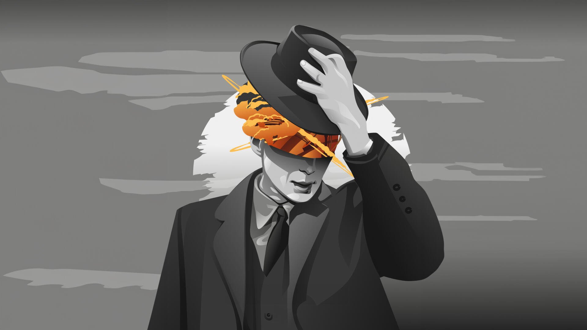 Oppenheimer-themed 4K Ultra HD PC desktop wallpaper/background: grayscale suited figure tipping a hat while a vivid mushroom cloud erupts in place of his head against a cloudy sky.