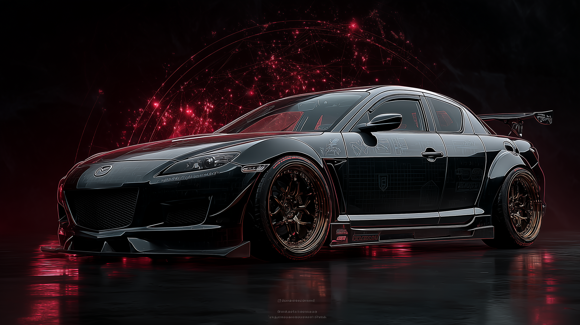 Mazda RX-8 poster HD PC desktop wallpaper/background: glossy black tuned RX-8 under a red neon halo, wide-body stance on a reflective floor.