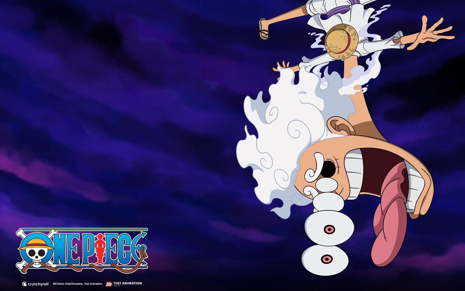 Anime HD PC desktop wallpaper of One Piece's Monkey D. Luffy in Gear 5, white hair and straw hat, striking a dynamic pose against a dark purple sky with the logo.