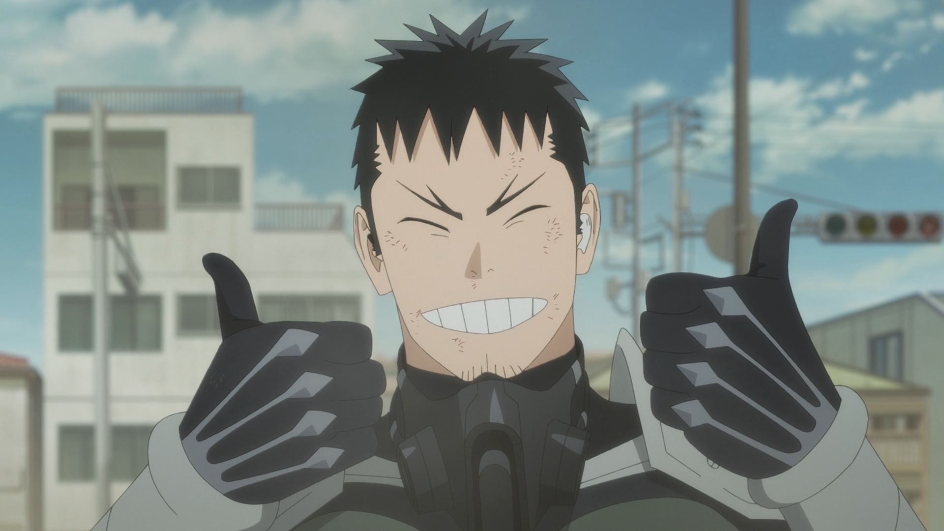 HD PC desktop wallpaper/background: Kafka Hibino from Kaiju No. 8 grinning and giving two thumbs up in anime style against a sunny urban street scene.