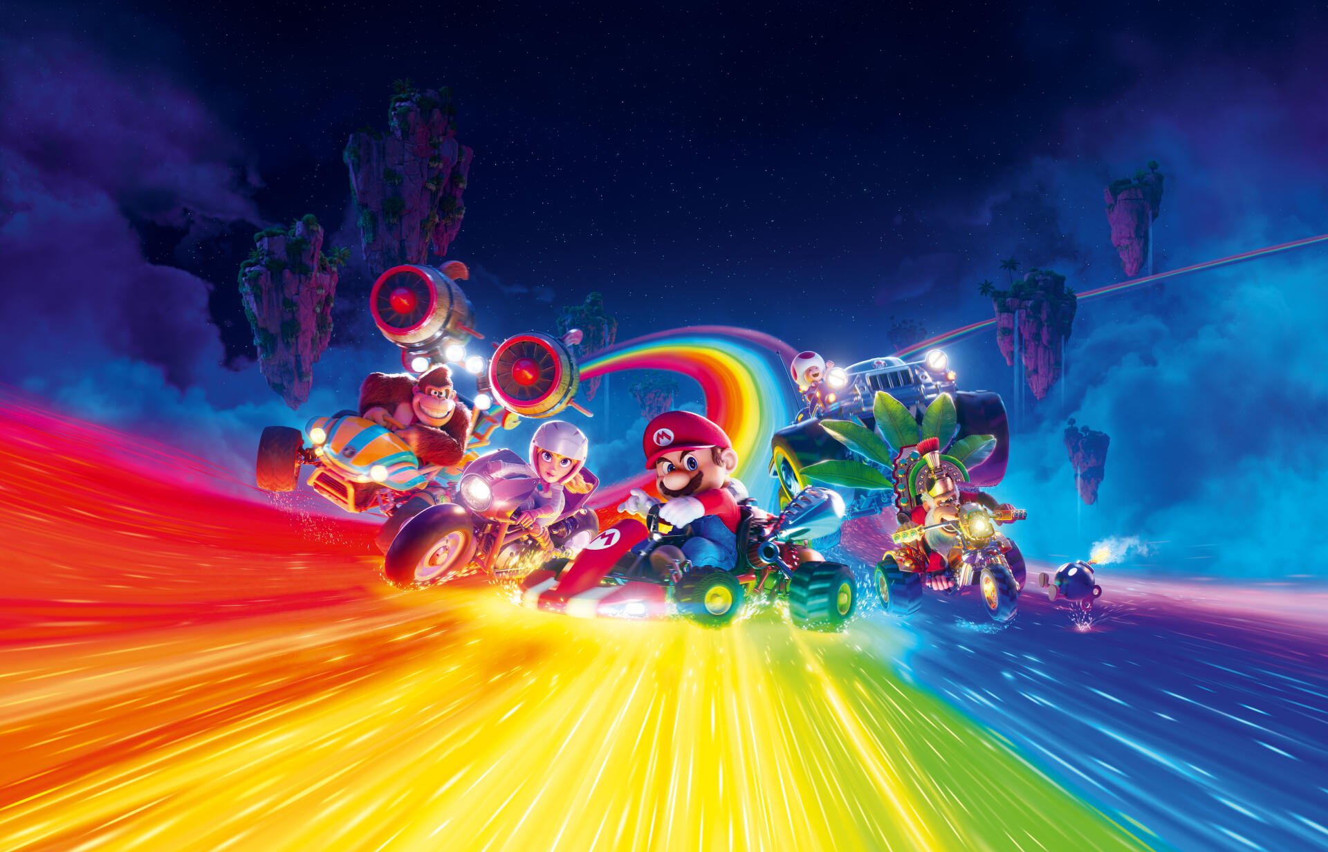 Super Mario Bros. (2023) 8K Ultra HD PC desktop background: Mario, Luigi and friends speed karts along a glowing rainbow road past neon floating islands under a starry sky.