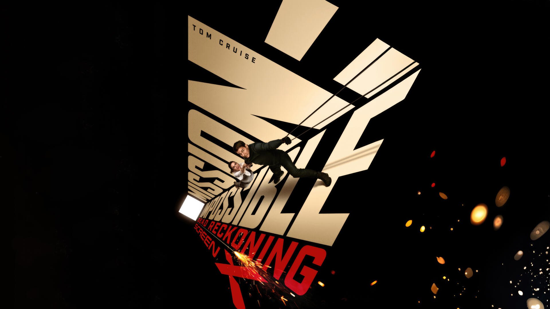 4K Ultra HD PC desktop wallpaper for Mission: Impossible – Dead Reckoning Part One: angled title logo, lone action figure falling through light beams and sparks on a black background.