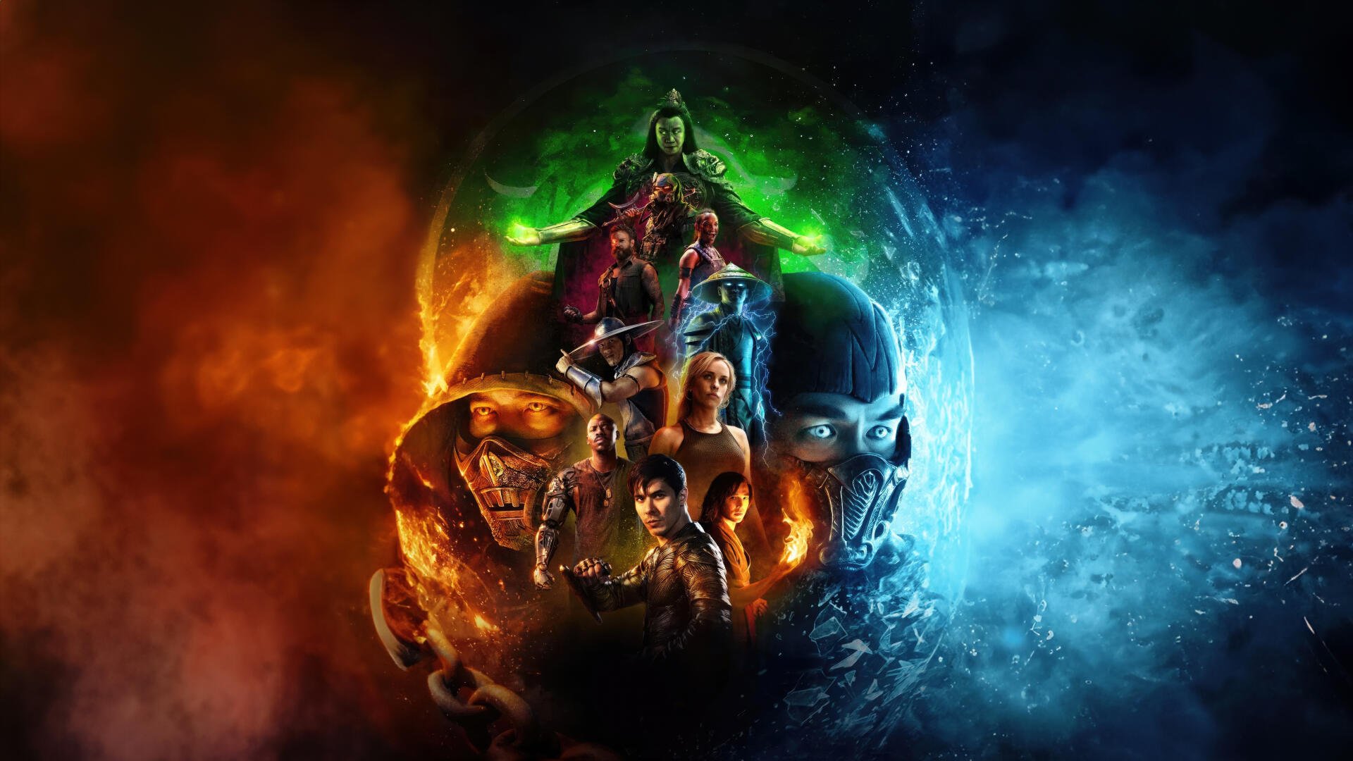Mortal Kombat 1 (2023) 4K Ultra HD PC desktop wallpaper: ensemble of fighters in a fiery orange vs icy blue yin‑yang swirl around a glowing green portal.