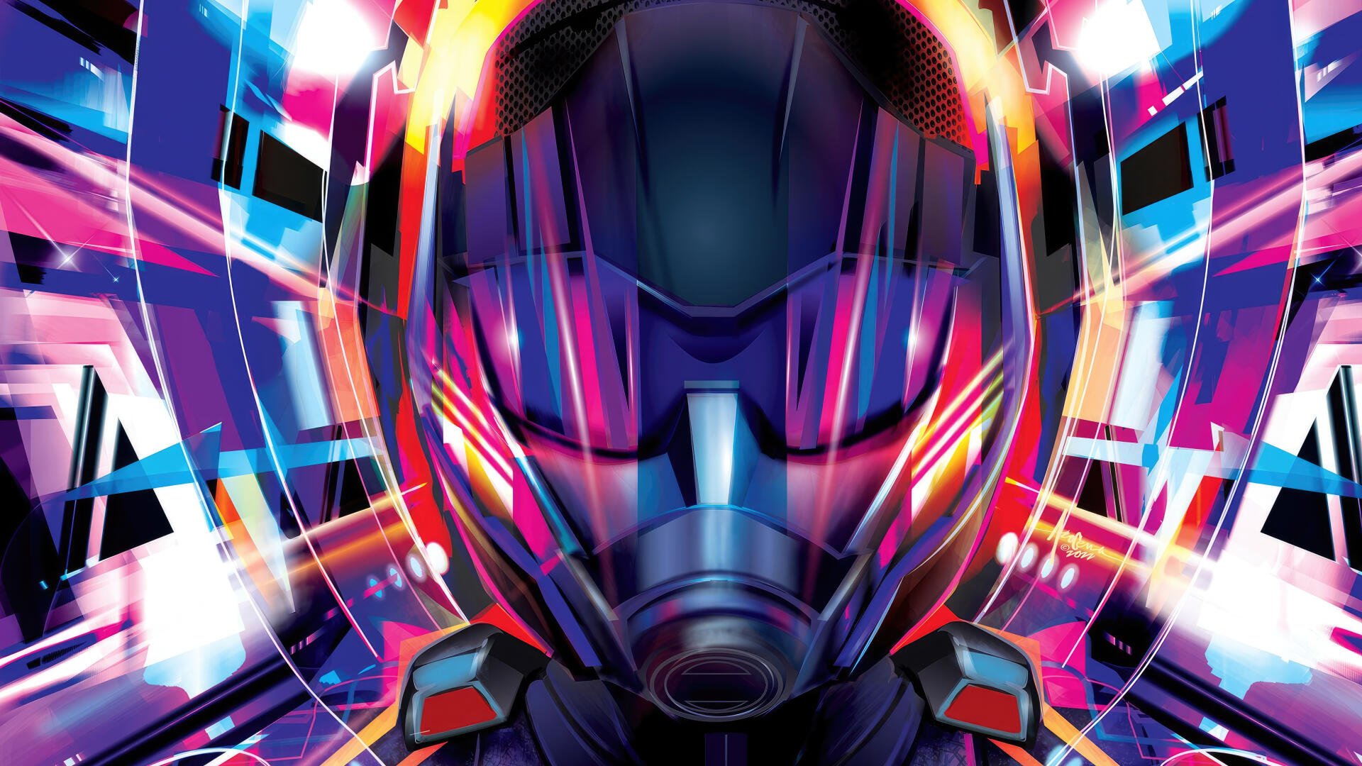 4K Ultra HD PC desktop wallpaper background for Ant-Man and The Wasp: Quantumania — neon-streaked close-up of a helmeted hero surrounded by vibrant pink, blue and white energy.