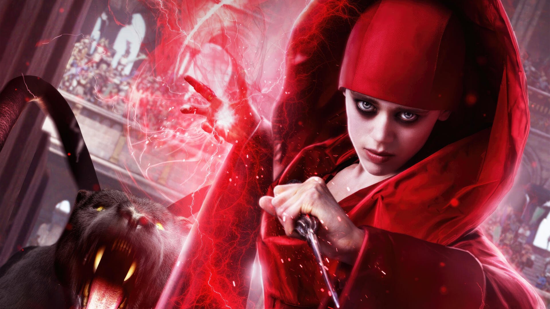 Dungeons & Dragons: Honor Among Thieves HD PC desktop wallpaper — pale red-hooded sorceress wielding crimson magic beside a snarling demonic wolf.