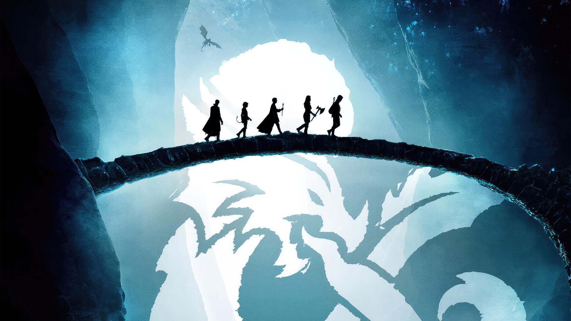 Dungeons & Dragons: Honor Among Thieves 4K Ultra HD PC desktop wallpaper and background — five silhouetted adventurers crossing a bridge before a glowing dragon-shaped cavern.