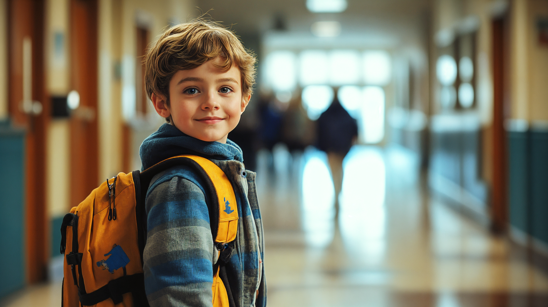 4K Ultra HD PC desktop wallpaper of a smiling young boy with a backpack in a bright school hallway on his first day of school — a back to school scene