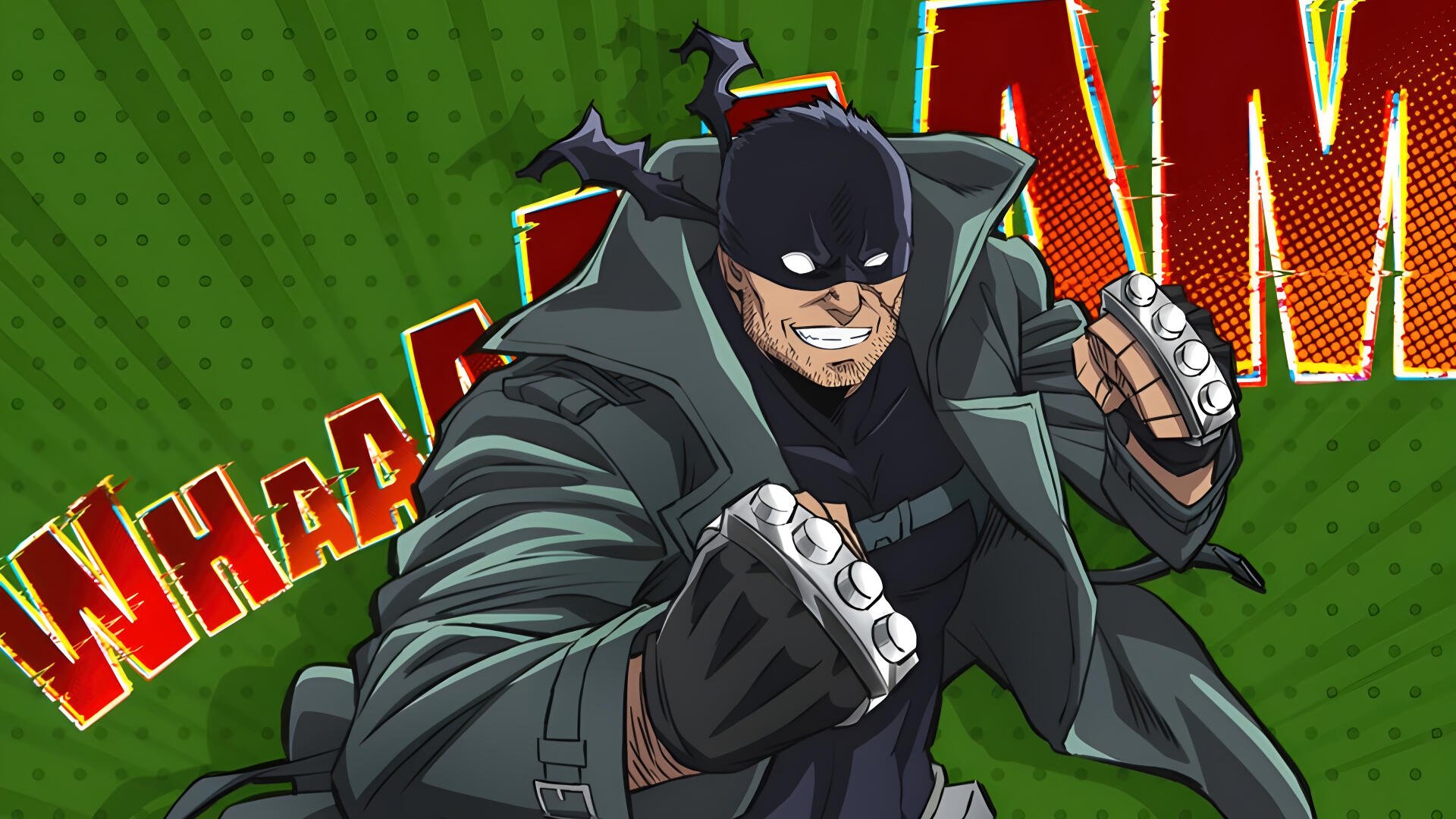 4K Ultra HD PC wallpaper/background: masked vigilante from My Hero Academia: Vigilantes lunging in a trench coat, metal knuckles raised against a comic-style green backdrop.