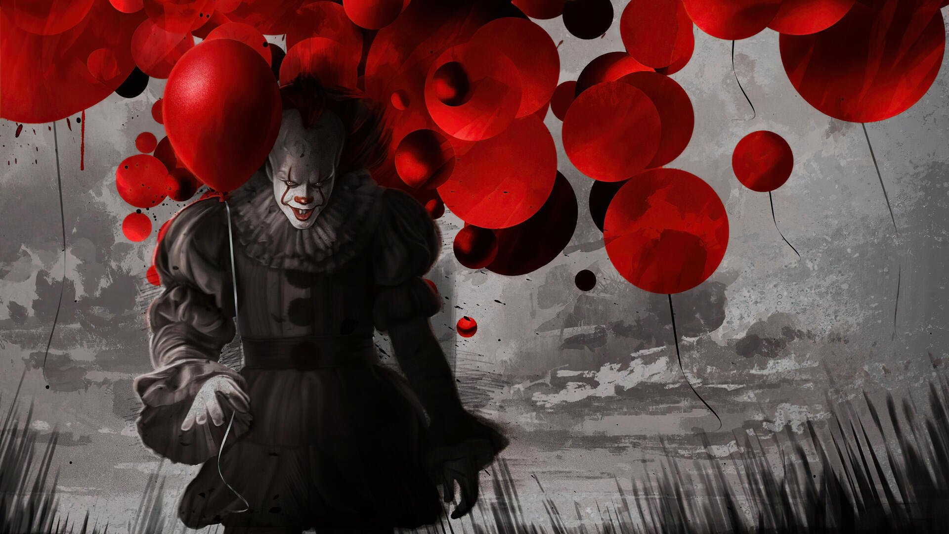 Pennywise looming amid red balloons over a desolate grayscale landscape — It Chapter Two 4K Ultra HD PC desktop wallpaper