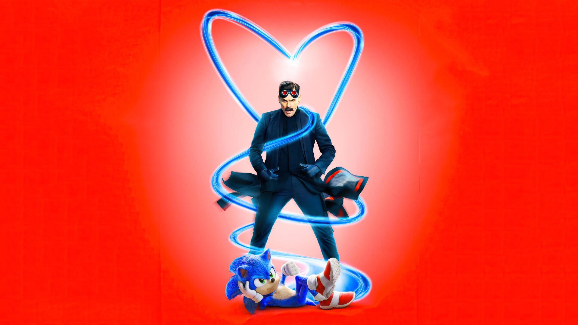 4K Ultra HD PC desktop wallpaper of Sonic the Hedgehog: Sonic curled at a man's feet as a neon blue ribbon wraps around him into a heart shape against a vivid red background.