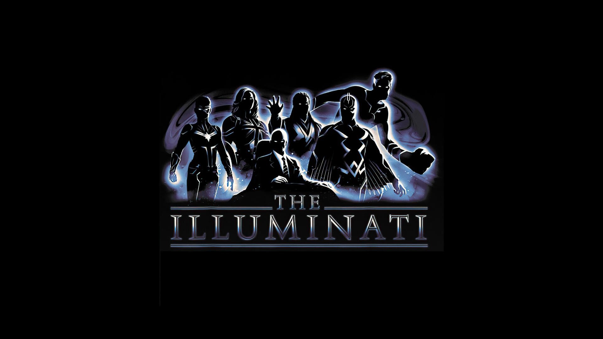 Dark 4K Ultra HD PC desktop wallpaper from Doctor Strange in the Multiverse of Madness, featuring a glowing silhouetted Illuminati line-up against a black backdrop with The Illuminati title.