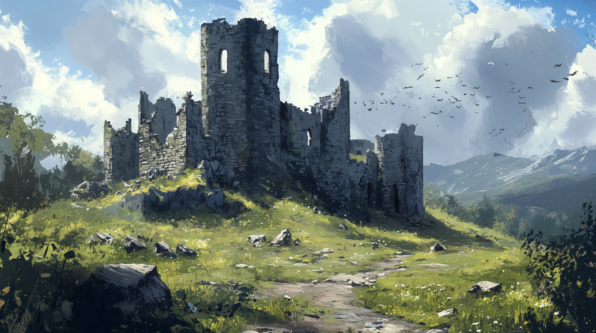 4K Ultra HD PC Desktop Wallpaper and Background — fantasy ruined stone castle on a sunlit grassy hill, cloudy skies and distant mountains.