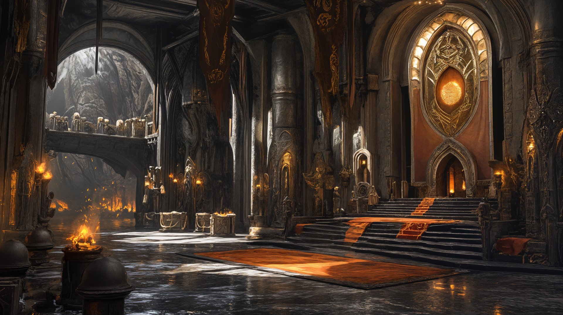 4K Ultra HD PC desktop wallpaper — a vast fantasy dwarven hall: torchlit stone arches, banners, lava-lit steps to a rune-glowing throne, reflecting wet floor.