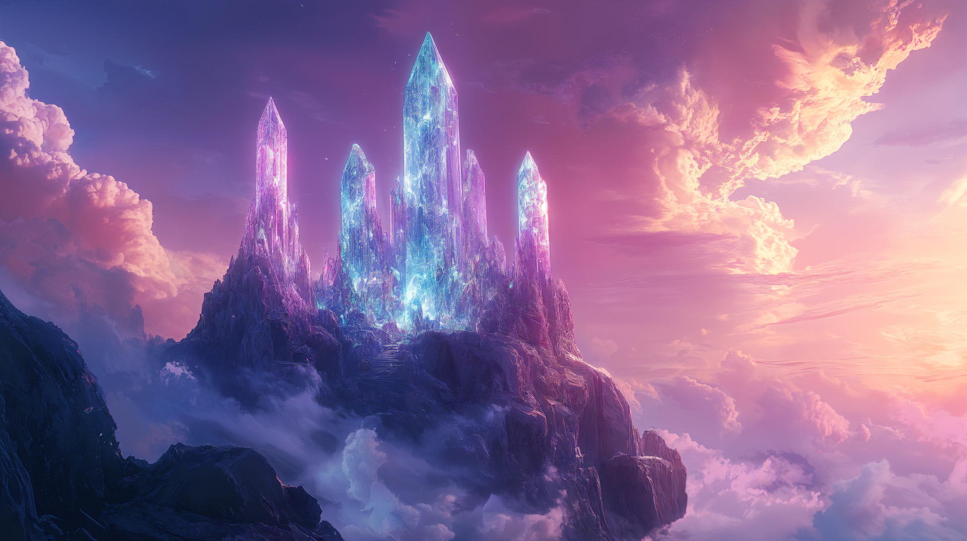Fantasy crystal castle of luminous spires atop mist-shrouded cliffs beneath a pink-purple sunset — 4K Ultra HD PC desktop wallpaper/background.