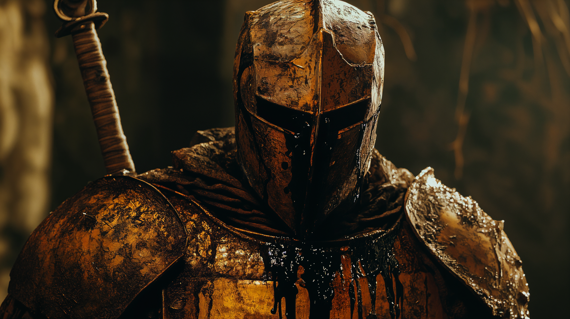 4K Ultra HD PC desktop wallpaper/background: fantasy knight in cursed, blood-dark golden armor, helmeted figure with a sword on his back, black ichor dripping in a shadowed hall.