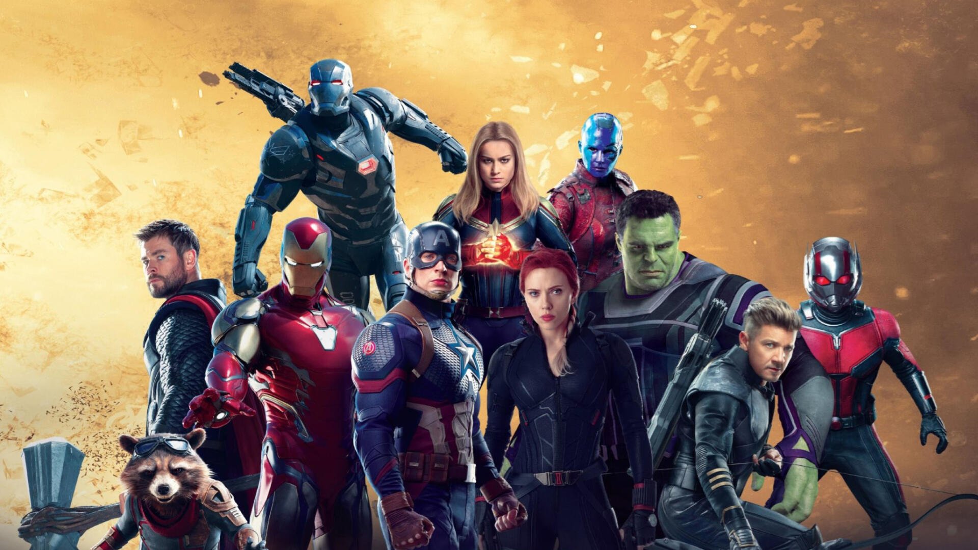 Avengers EndGame HD PC desktop wallpaper/background showing the main Avengers assembled in heroic poses against a glowing golden sky.