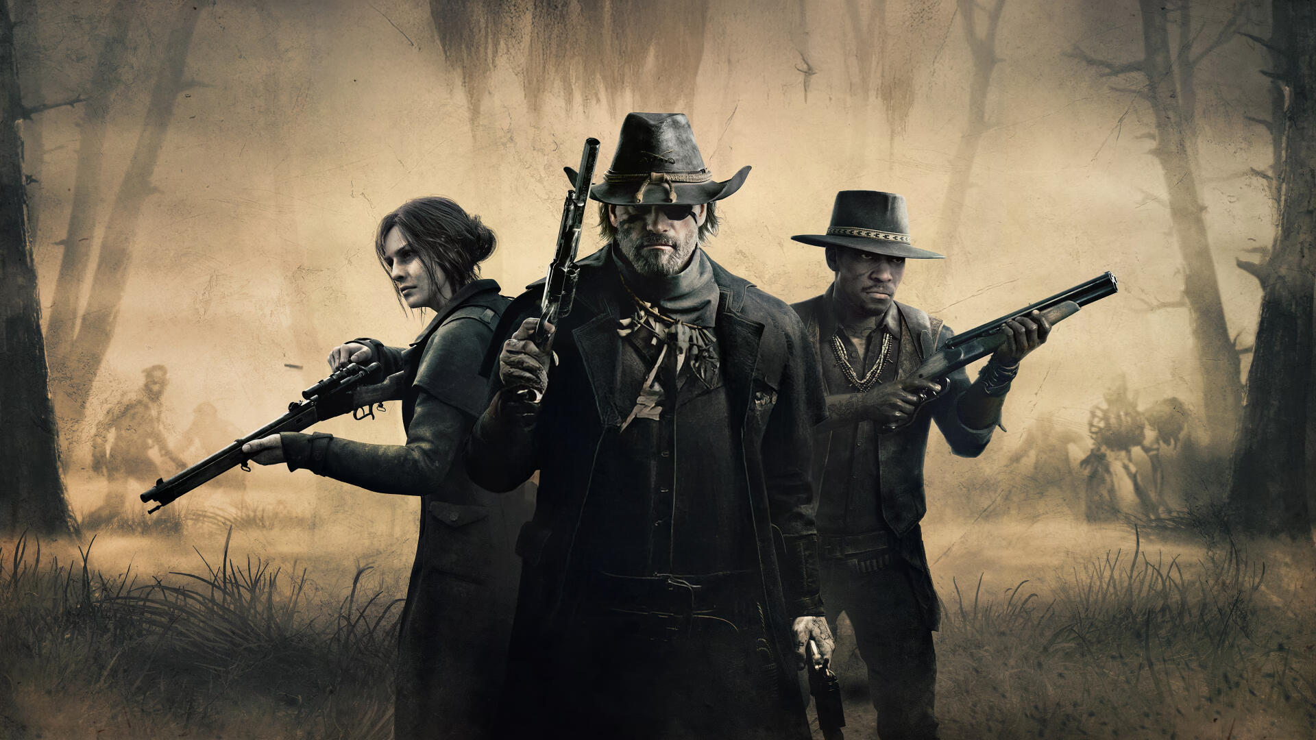 Hunt Showdown 4K Ultra HD PC desktop wallpaper: three armed hunters in a foggy bayou, central cowboy with pistol, grim swamp and silhouettes in the mist.