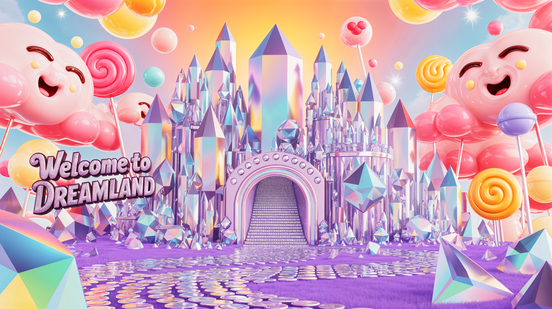 Vibrant 4K Ultra HD PC desktop wallpaper and background of a pastel crystal castle in a candy-themed dreamland, with smiling candy characters, lollipops and a Welcome to Dreamland sign.