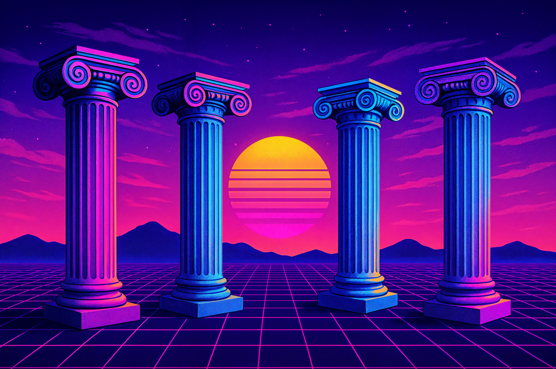 4K Ultra HD PC desktop wallpaper and background: neon retro scene of four glowing columns on a grid plane with a magenta-purple sunset and distant mountains.