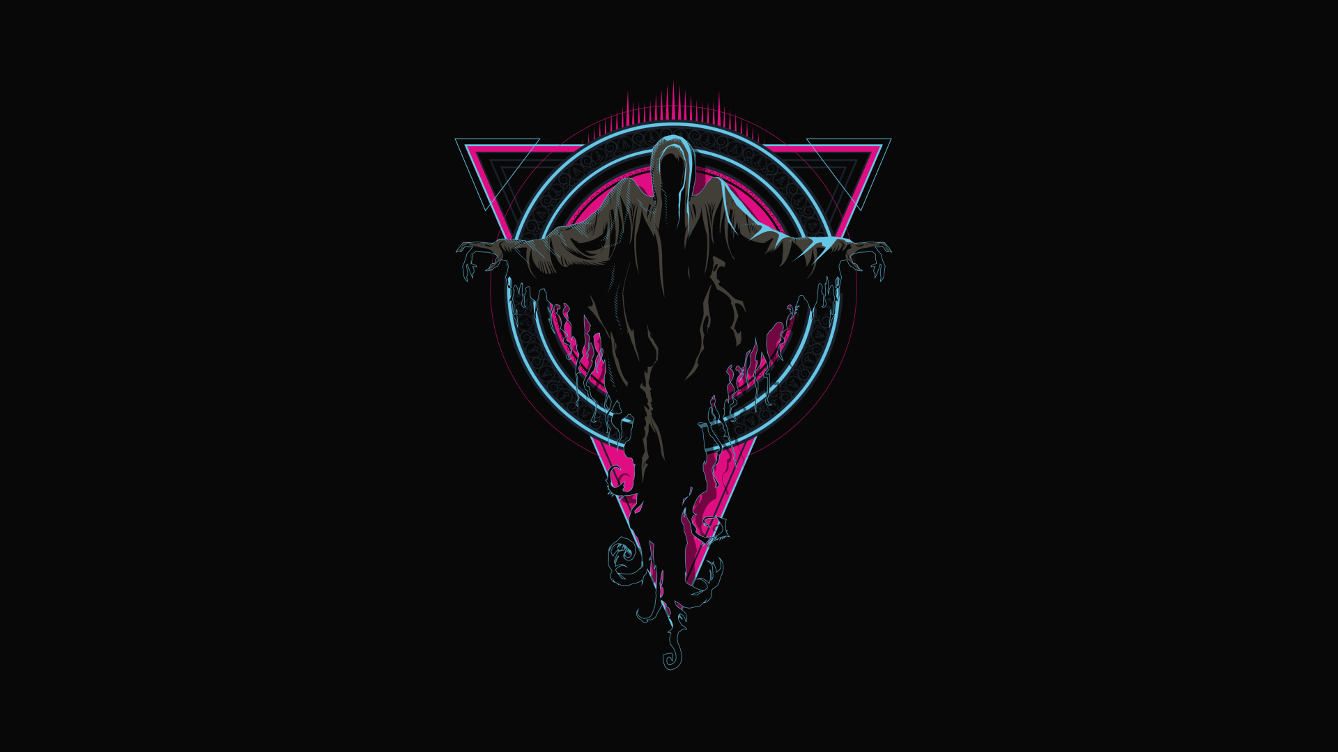 Harry Potter 4K Ultra HD PC wallpaper: hooded cloaked figure descending inside a neon cyan and magenta triangle on a black background.