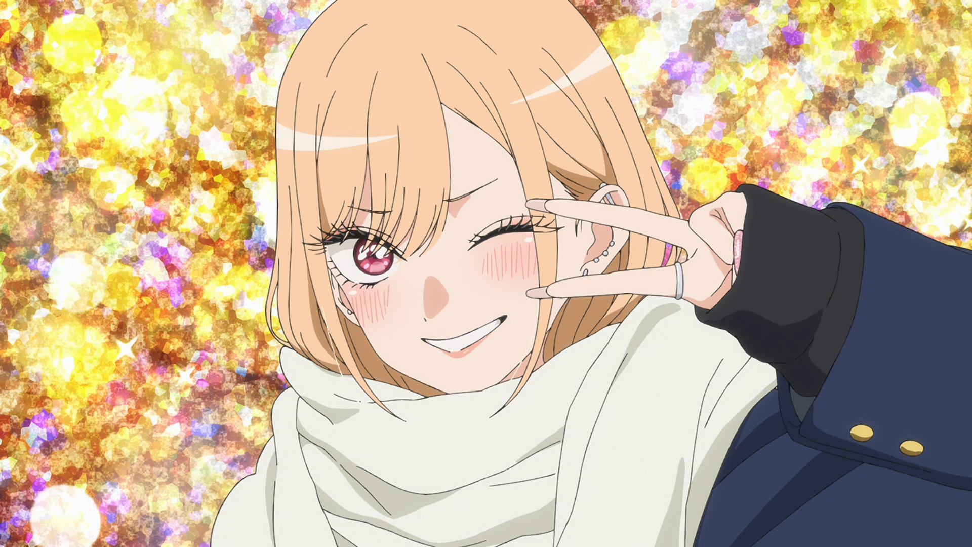 Anime HD PC desktop wallpaper of Marin Kitagawa (My Dress-Up Darling): she winks and flashes a peace sign, wearing a scarf and jacket against a sparkling gold background.