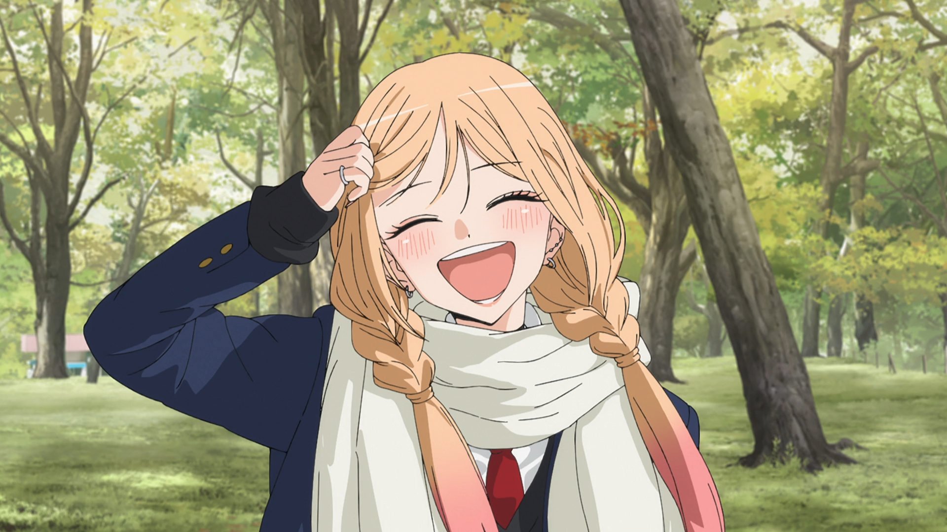 Anime HD PC desktop wallpaper/background featuring Marin Kitagawa from My Dress-Up Darling, laughing with braided hair and a scarf in a sunlit park.