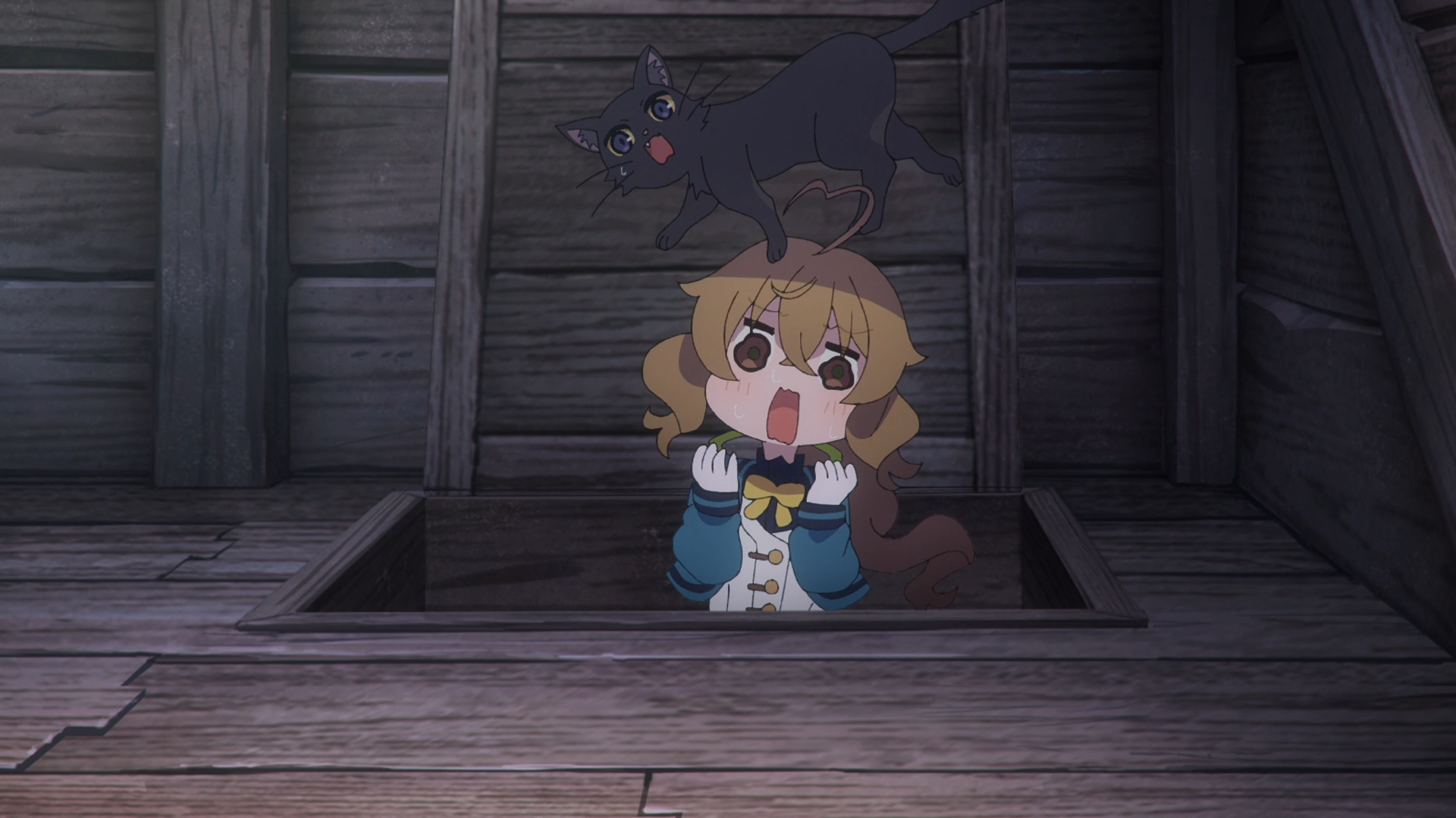 Anime HD PC desktop wallpaper/background: Monica Everett from Secrets of the Silent Witch pops from a wooden hatch with a shocked expression as a small bat hovers in the dim attic.